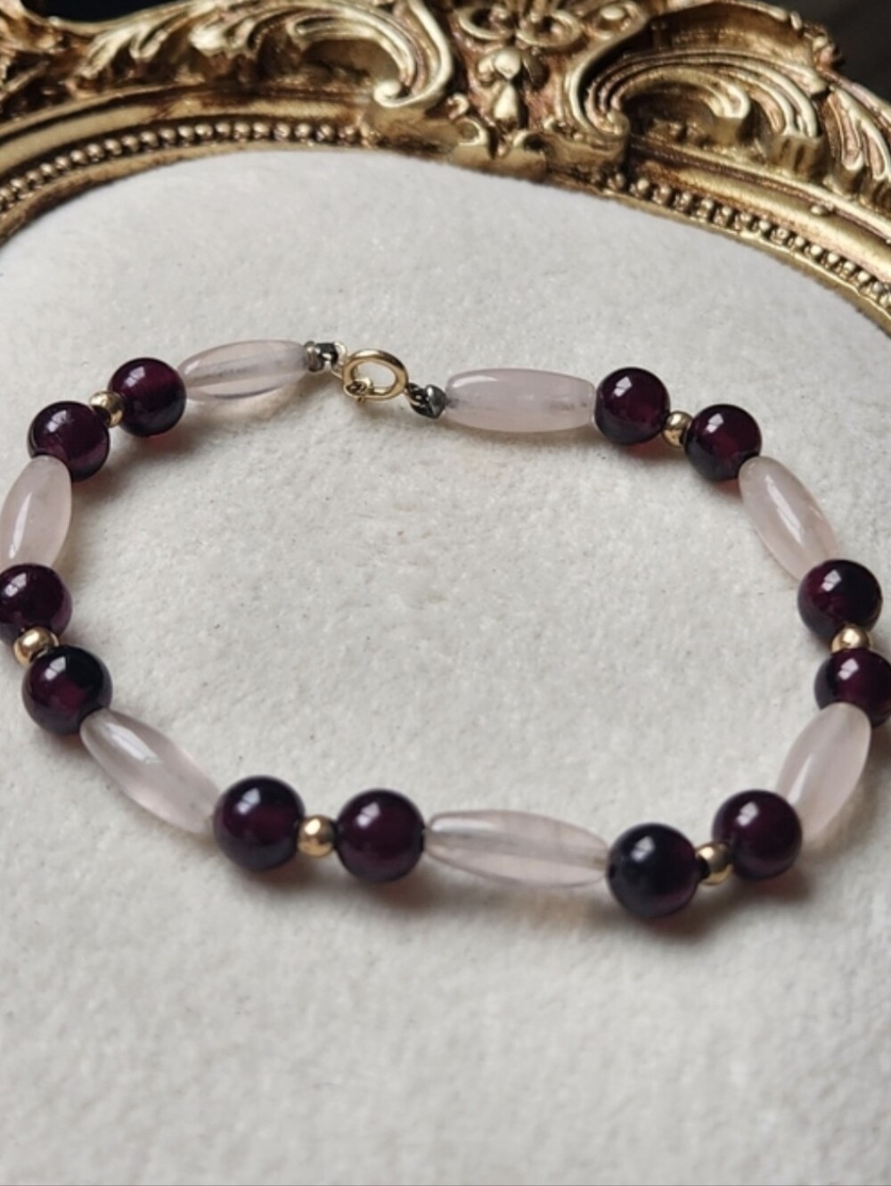 VTG 14k Gold Rose Quartz & Garnet Gemstone Beaded Bracelet